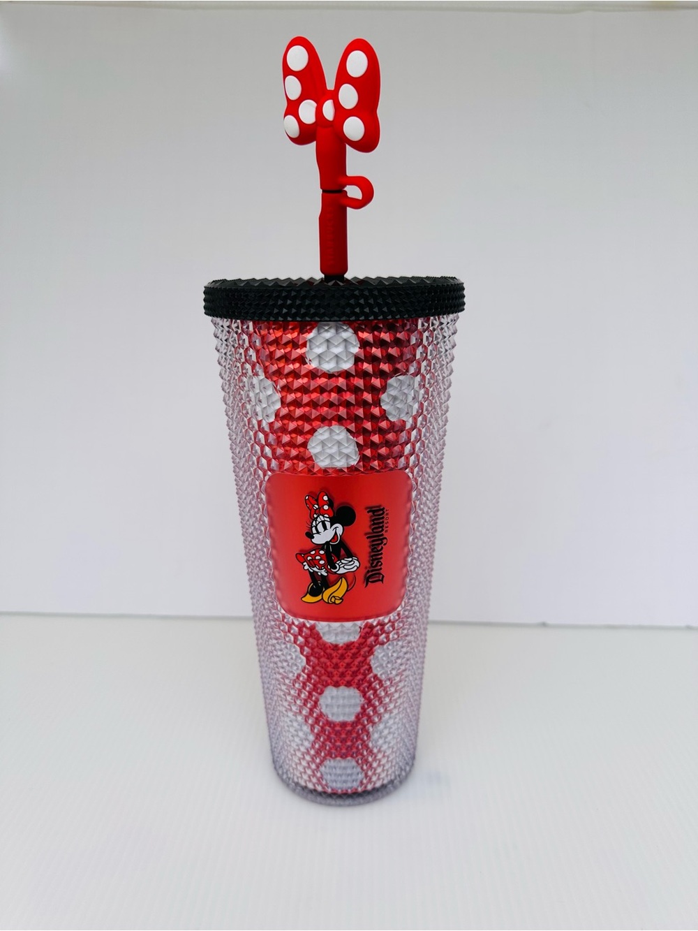 Disneyland Starbucks Minnie Mouse Red Studded Tumbler 24oz+ Bow Straw Topper NEW